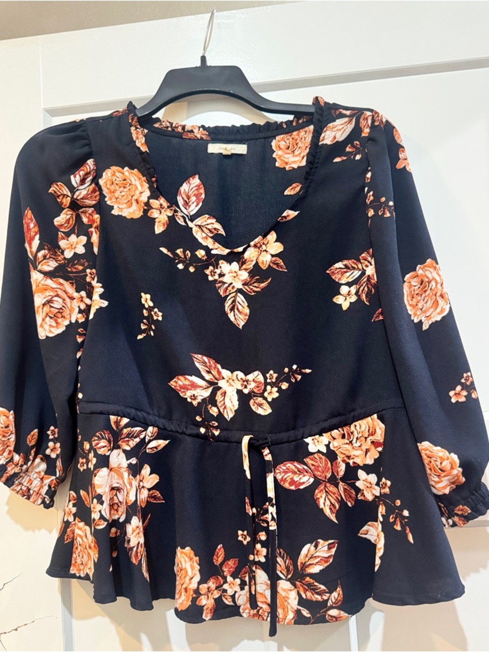 Black Floral Peplum Tie-Waist Blouse